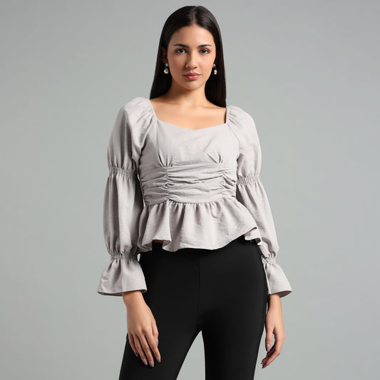 Chic Grey Square Neck Peplum Top