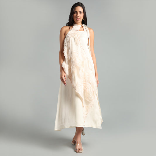 Asymmetrical Maxi Dress with Floral Design Cape